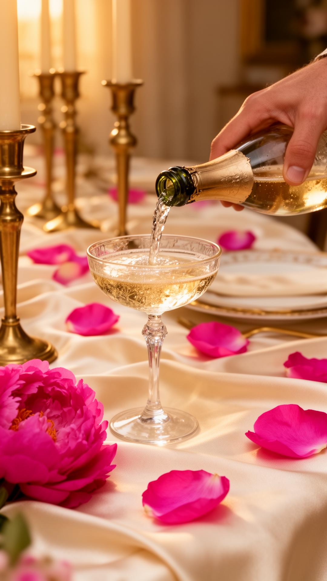 Champagne being poured into a vintage coupe surrounded by hot pink peony petals
