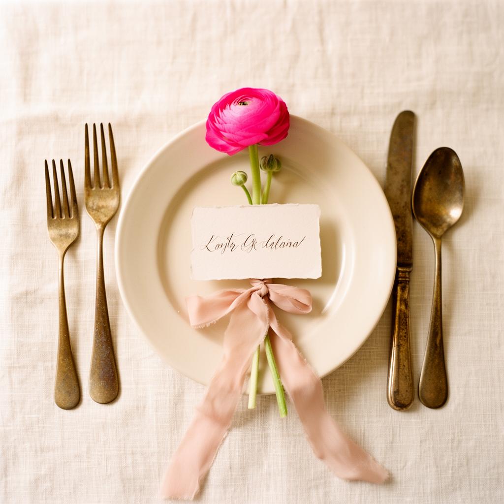 A styled place setting with linen and a hot pink ranunculus